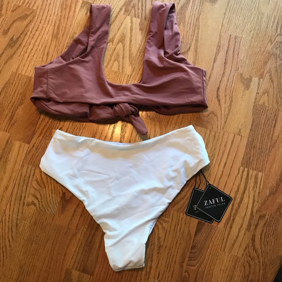 NWT Zaful Mauve/White Padded Knot Bikini Set (S) - Picture 4 of 13